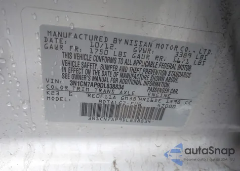 2013 Nissan Versa 1.6 Sl from USA, damaged, VIN 3N1CN7AP9DL838834